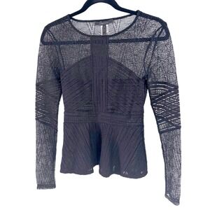 BCBGMAXAZRIA XXS Dark Coquette Black Geometric Lace Peplum Long Sleeve Sheer Top